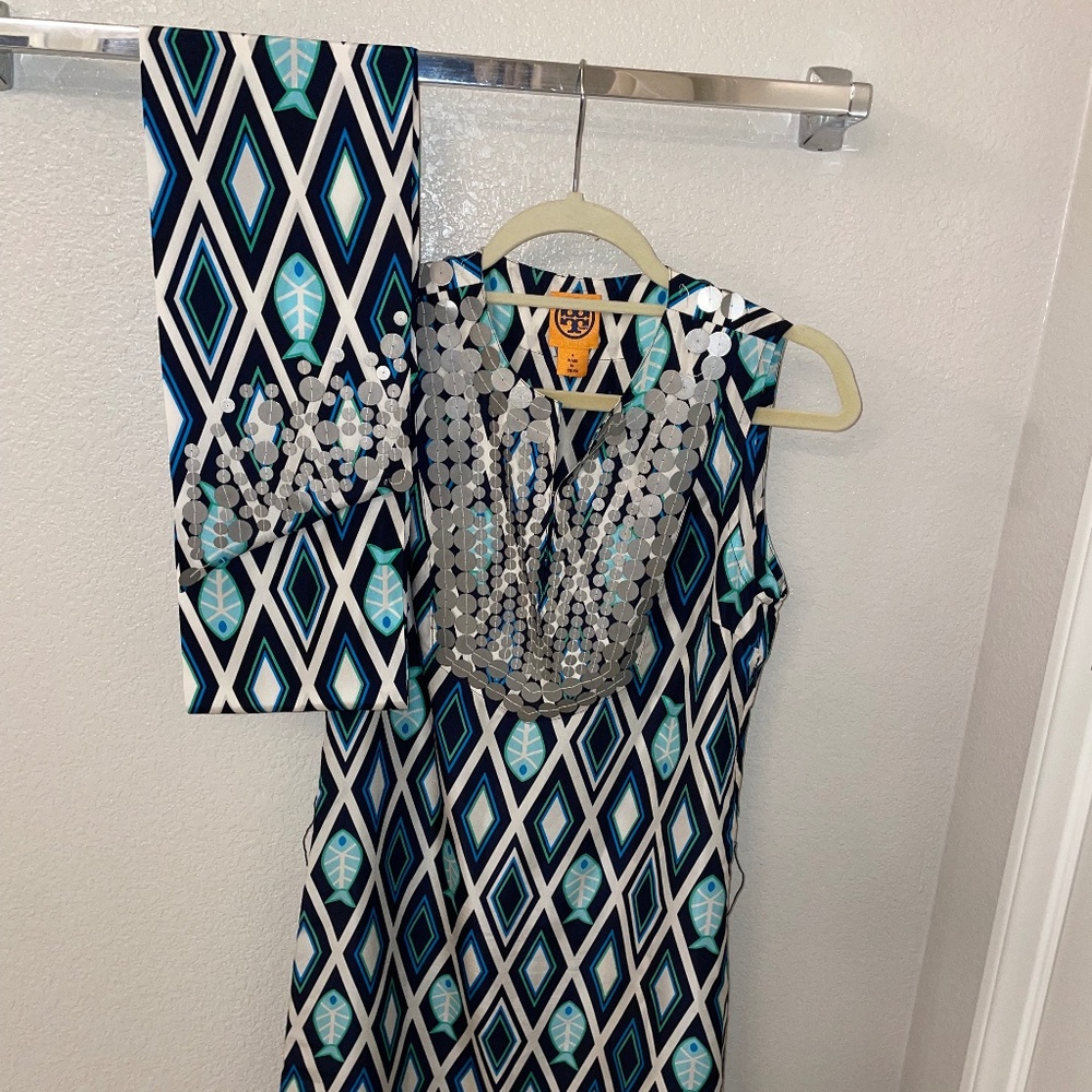 VINTAGE TORY BURCH 100% Silk Fish Print Blue/Turquoise Kaftan Dress Size4